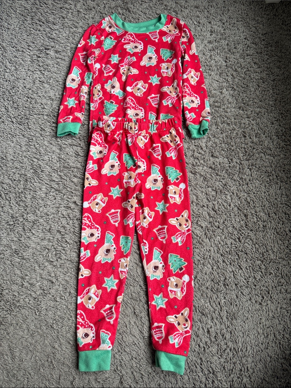 Girls' Red Reindeer and Tree Holiday Pajama Set with Green Trim